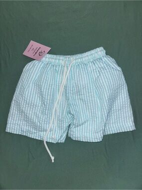 Boys Light Blue Striped Cotton Drawstring Swim Trunks 6M